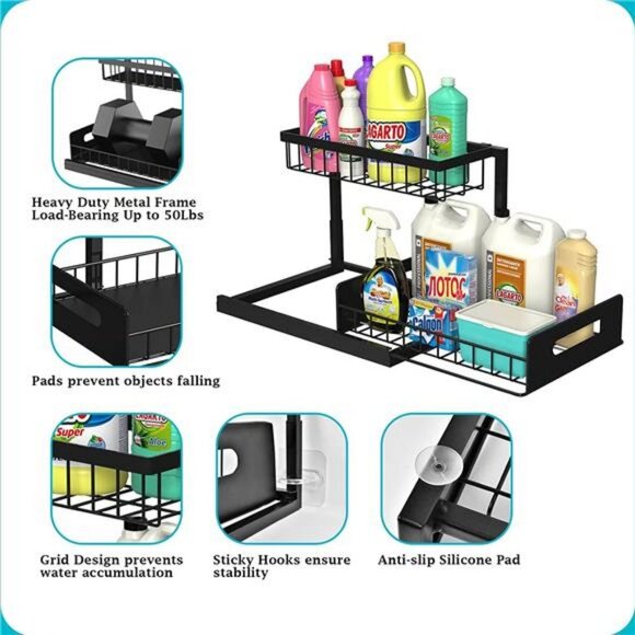 Sink Organizer, Pull Out Cabinet Organizer 2 Tier Slide Out Sink Shelf Cabinet - Picture 6 of 6